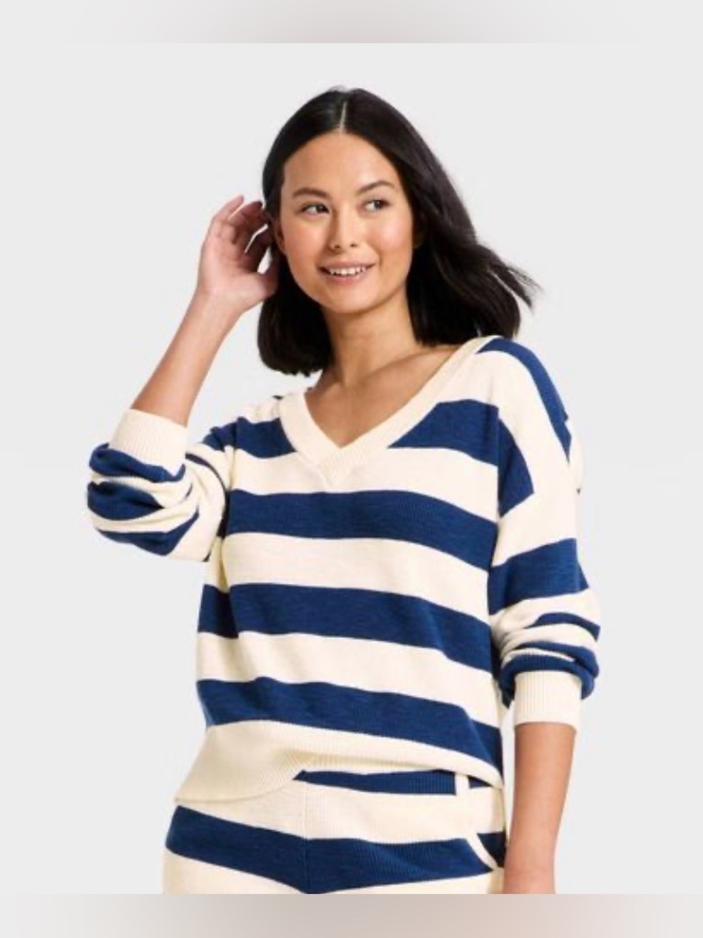 NEW JoyLab Women's Striped V-Neck Sweater - Navy Blue/Cream Strip size XS